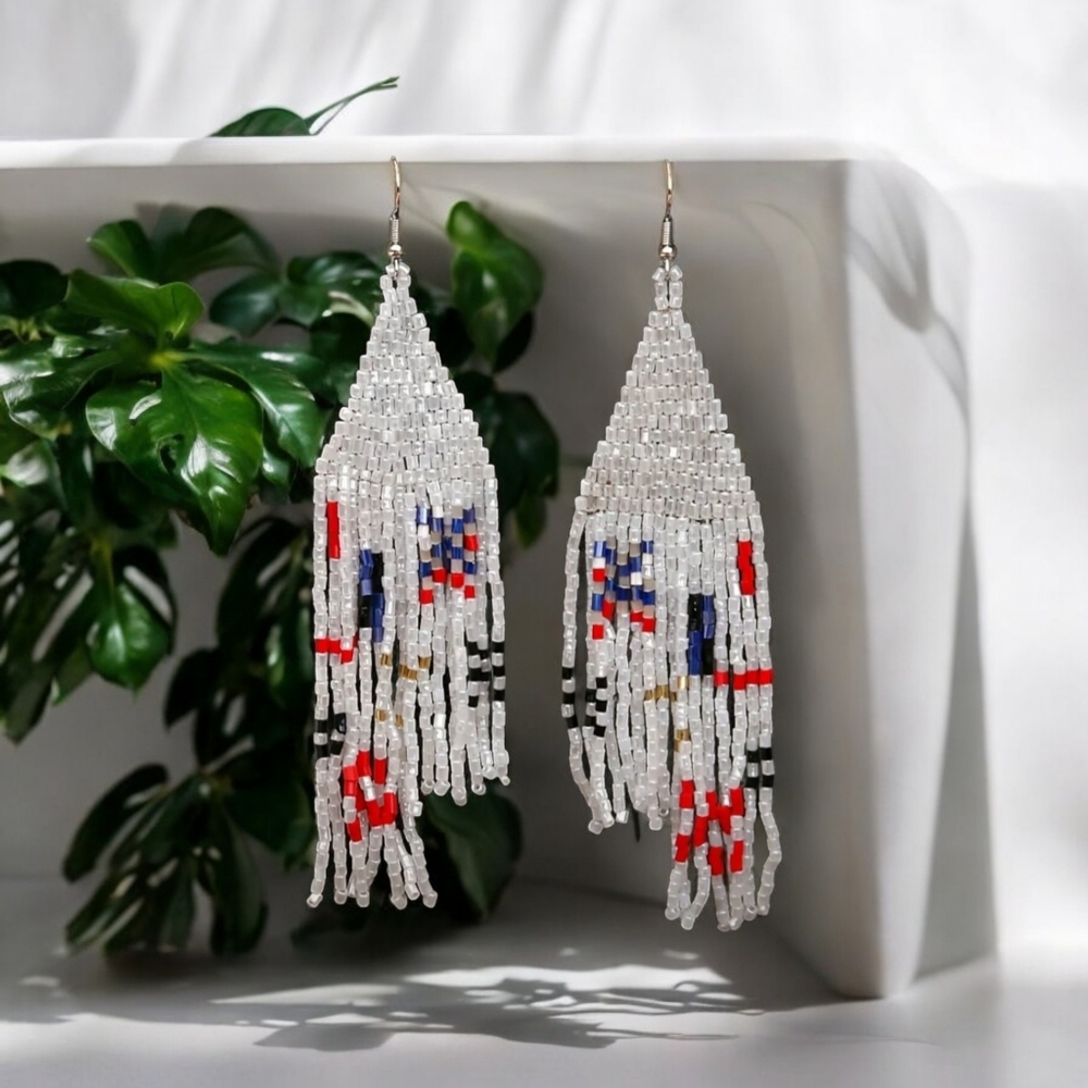 Handcrafted Bohemian Beaded White With A Touch Of Color Fringe Earrings